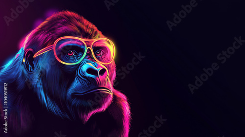 An abstract, neon portrait of a gorilla in pop art style against a black background. Created using digital vector graphics.