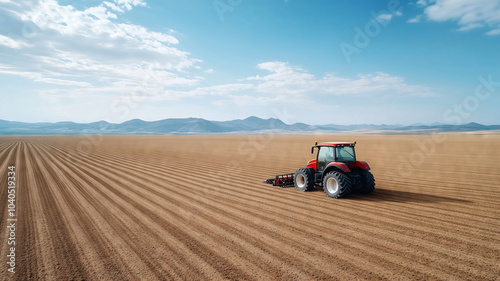 A bright day in the countryside with a tractor plowing rich farmland