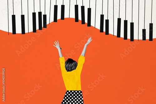 Composite collage picture image of funny lady pianist stretch hands want play music musician have fun bizarre fantasy billboard comics photo