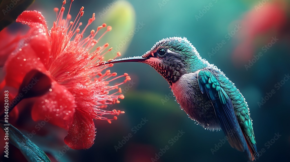 Fototapeta premium A close-up of a hummingbird feeding from a bright red flower in a tropical garden