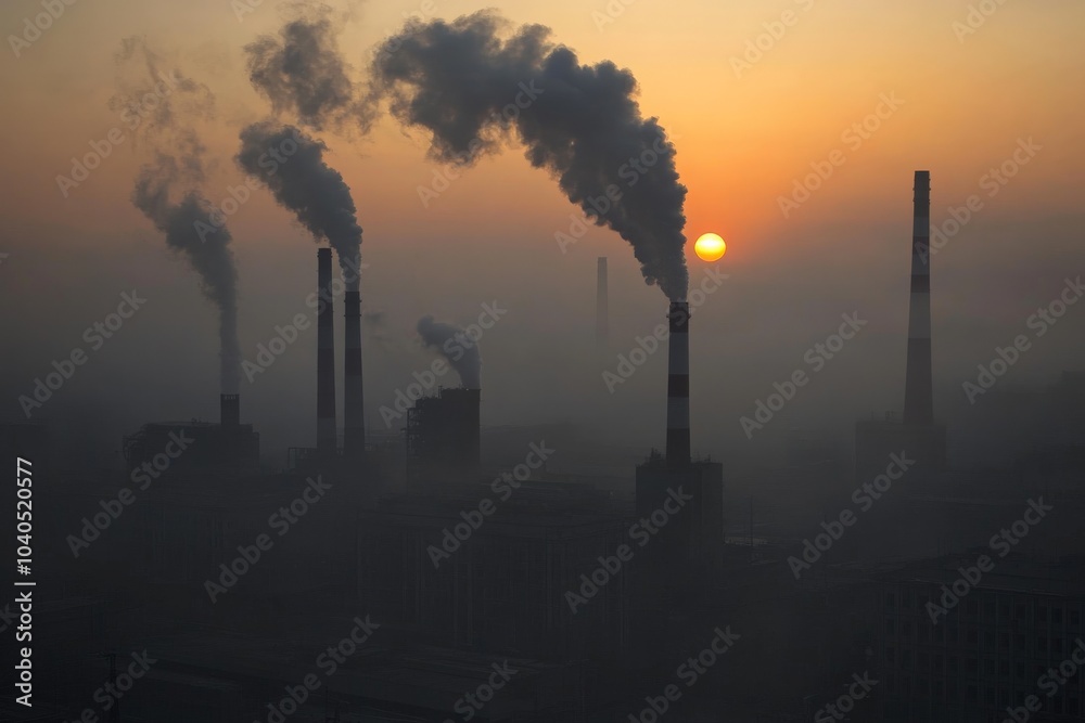 Smokestacks are silhouetted against the sunrise, casting shadows into a smoke-filled sky, highlighting the dual themes of industrialism and environmental awareness. Smokestacks are silhouetted against the sunrise, casting shadows into a smoke-filled sky, highlighting the dual themes of industrialism and environmental awareness.