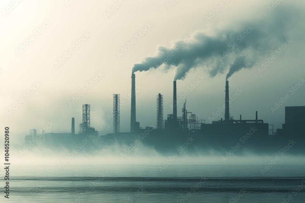 A silhouette of an industrial factory by the water with smokestacks releasing smoke into the hazy, calm atmosphere, capturing the essence of urban industry.