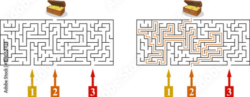 Labyrinth with three entrances. Find the right way and reach the pirate chest with golden coins. Mental educational game template with clue. Vector illustration.