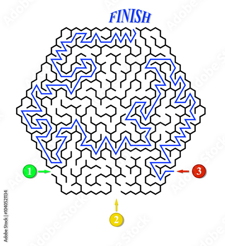 Advanced vector hexagonal labyrinth with three entrances and only one way to finish. Find the right way and reach the exit of the maze. Mental educational game with clue.