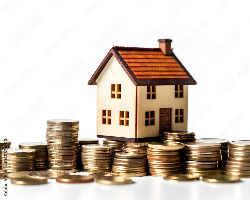 house model and coins on white background. real estate and investment concept. house model and coins on white background. real estate and investment concept.
