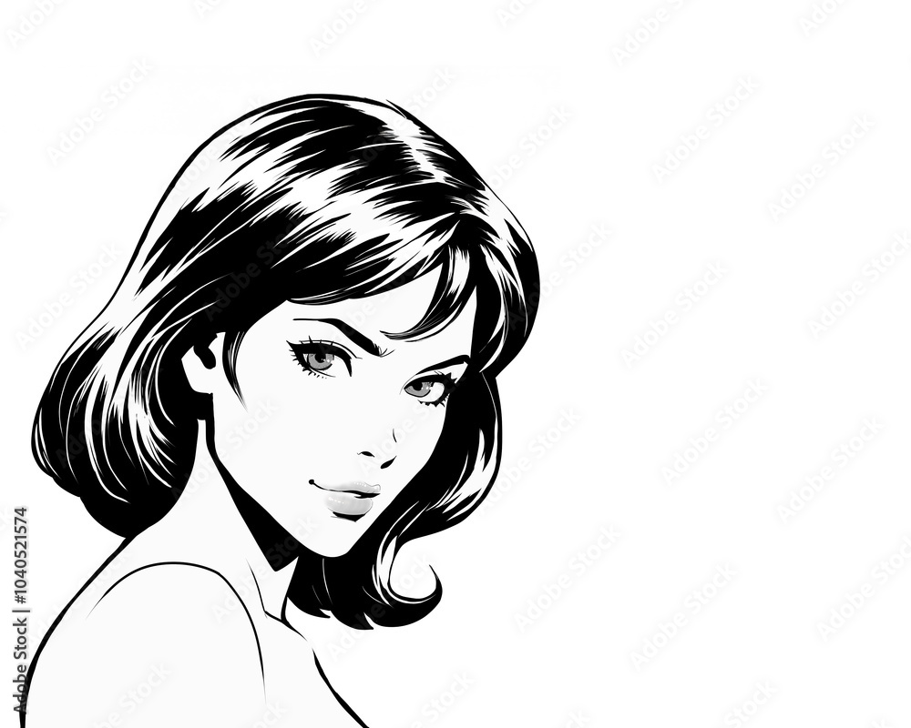Hand drawn illustration portrait of beautiful woman with long black hair in black and white comicbook style Hand drawn illustration portrait of beautiful woman with long black hair in black and white comicbook style