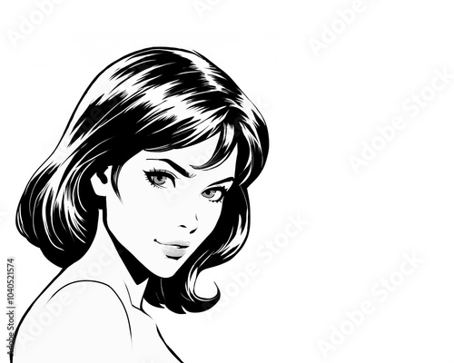 Hand drawn illustration portrait of beautiful woman with long black hair in black and white comicbook style