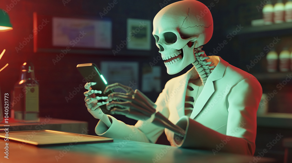 a very cinematic screenshot of a skull looking to his mobile phone. a very cinematic screenshot of a skull looking to his mobile phone.