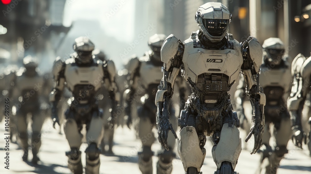 walking military robots. invasion of military robots. Dramatic apocalypse super realistic concept. Future. 3d rendering walking military robots. invasion of military robots. Dramatic apocalypse super realistic concept. Future. 3d rendering