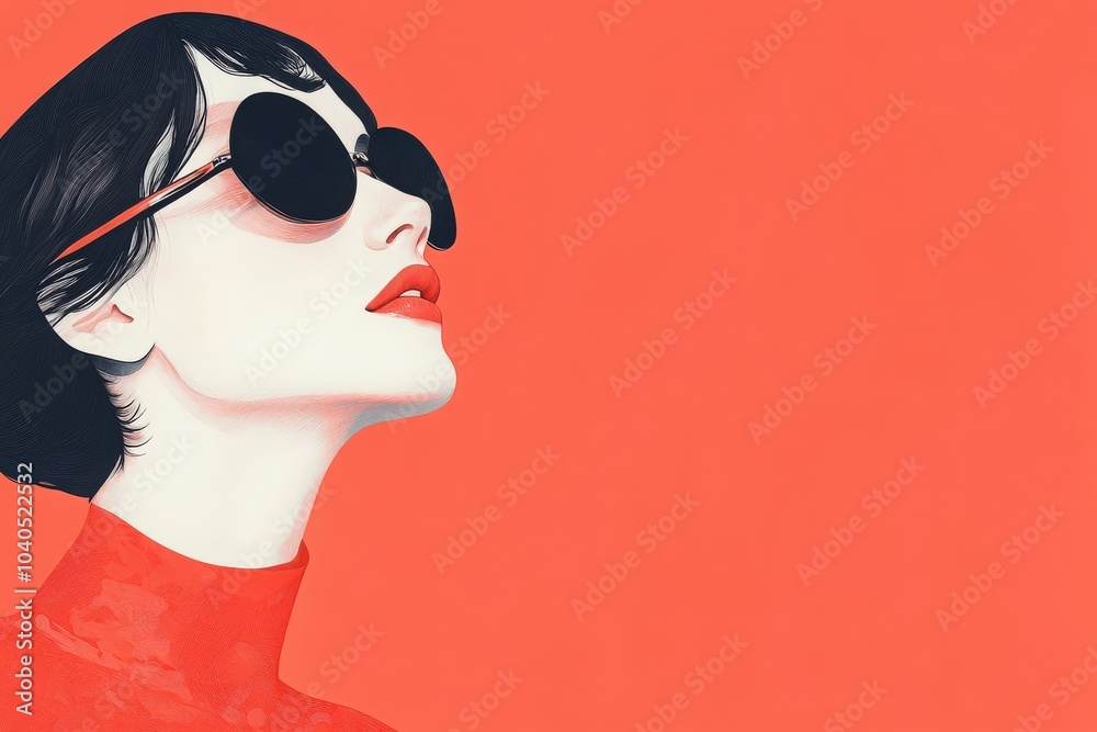 This artwork showcases a stylish woman with dark hair and bold red lips, wearing oversized sunglasses. The minimalistic design emphasizes her fashionable look against a striking coral backdrop. This artwork showcases a stylish woman with dark hair and bold red lips, wearing oversized sunglasses. The minimalistic design emphasizes her fashionable look against a striking coral backdrop.