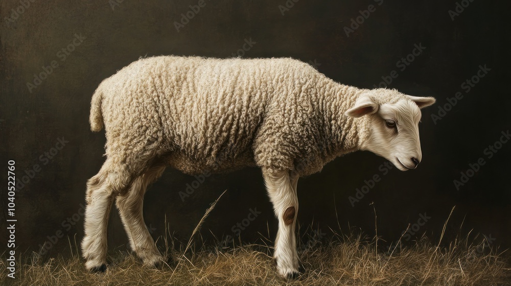 A Single White Sheep Standing in a Field of Dry Grass A Single White Sheep Standing in a Field of Dry Grass