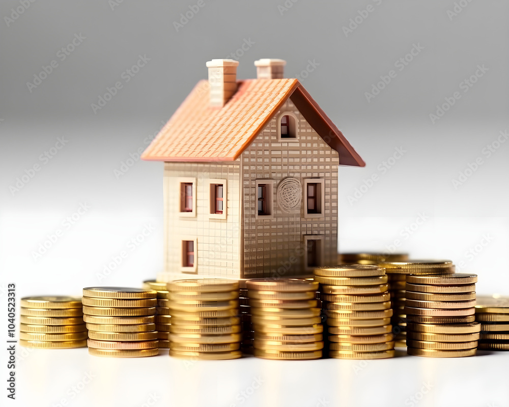 house model and coins on white background. real estate and investment concept. house model and coins on white background. real estate and investment concept.