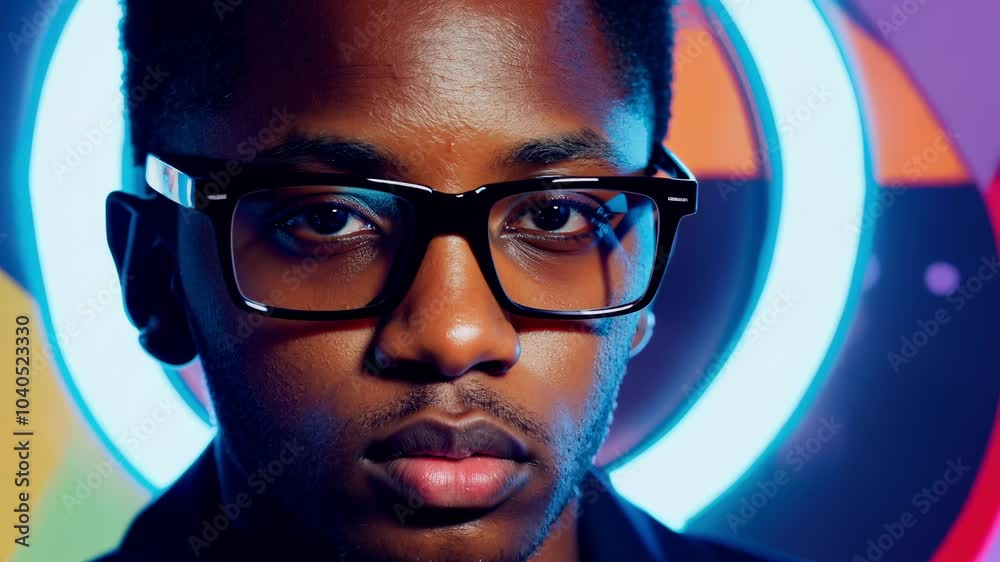 Vibrant portrait of a person wearing large glasses, with cinematic lighting highlighting vivid colors and geometric shapes in the background