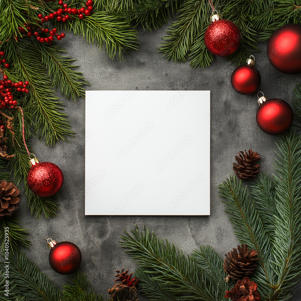 Christmas Themed Blank Greeting Card Mockup Background with Pine Branches , Pine Cones and Red Ornament Christmas Themed Blank Greeting Card Mockup Background with Pine Branches , Pine Cones and Red Ornament