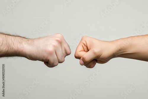 Two hands from different individuals connect in a fist bump, symbolizing camaraderie and mutual respect. The action takes place against a clean, light background, enhancing the gestures significance.