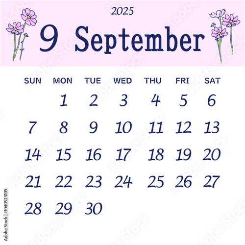 日曜日始まりの2025年9月のカレンダー