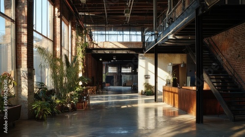 Sunlit Industrial Interior with Plants and a Staircase