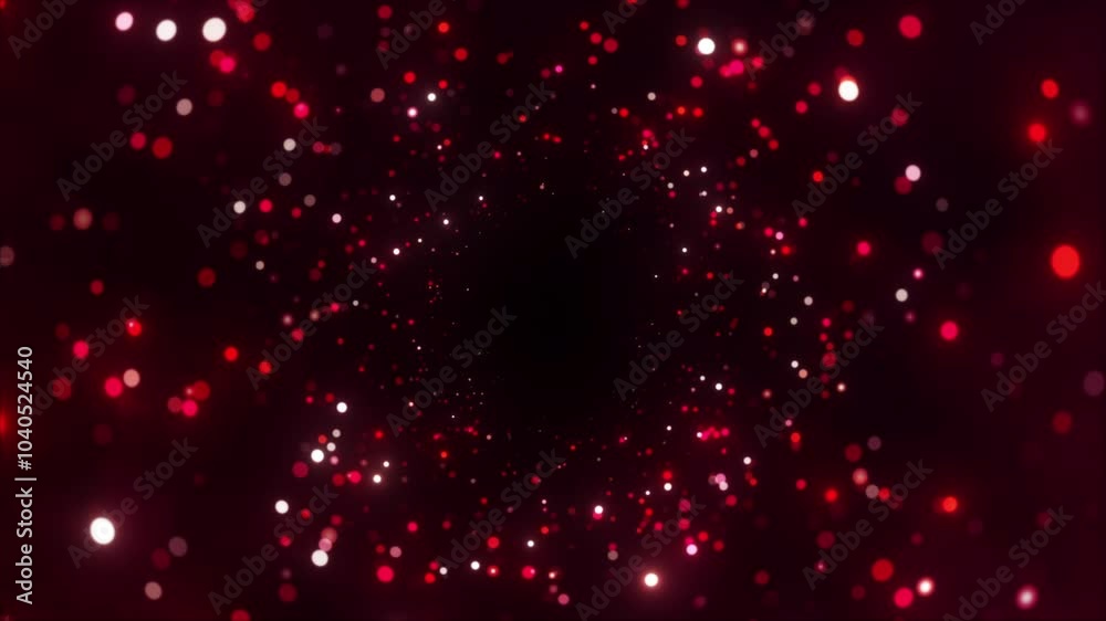Abstract shimmering particles in deep rose red hues, creating mesmerizing bokeh effects, seamless loop of glittering sparkles, Valentines Day background, festive celebration atmosphere.