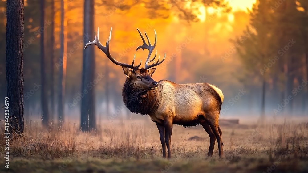 A close-up of a majestic elk with its antlers spread wide, standing in a misty forest at dawn A close-up of a majestic elk with its antlers spread wide, standing in a misty forest at dawn
