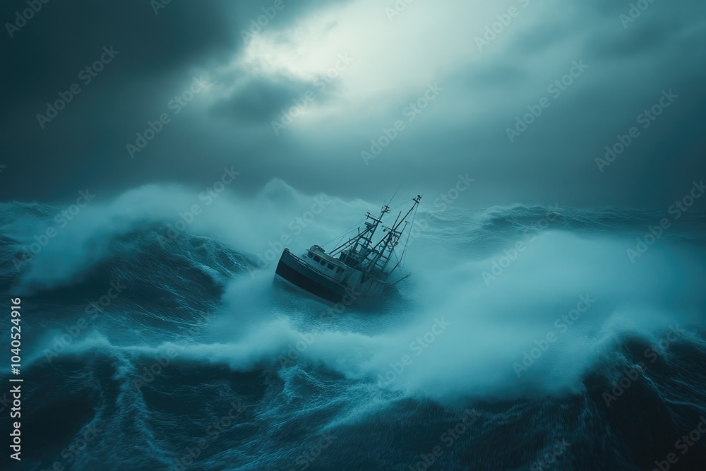 Fototapeta premium Surging Waves Threaten a Vulnerable Fishing Vessel