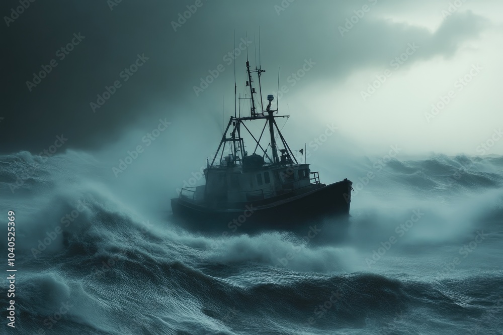 Fototapeta premium A Stranded Fishing Boat Amidst Rough Seas