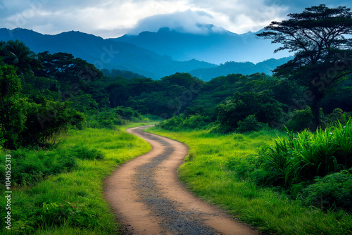 Winding dirt road through lush green forest with misty mountains in the background under a cloudy sky