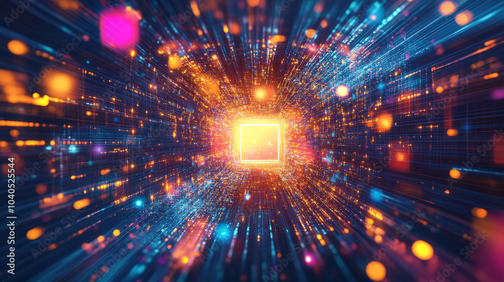 Abstract metaverse background featuring a glowing glitch square in the center, with a perspective tunnel filled with numerous colorful elements illustrating the virtual cyberspace; vector design.
Abstract metaverse background featuring a glowing glitch square in the center, with a perspective tunnel filled with numerous colorful elements illustrating the virtual cyberspace; vector design.