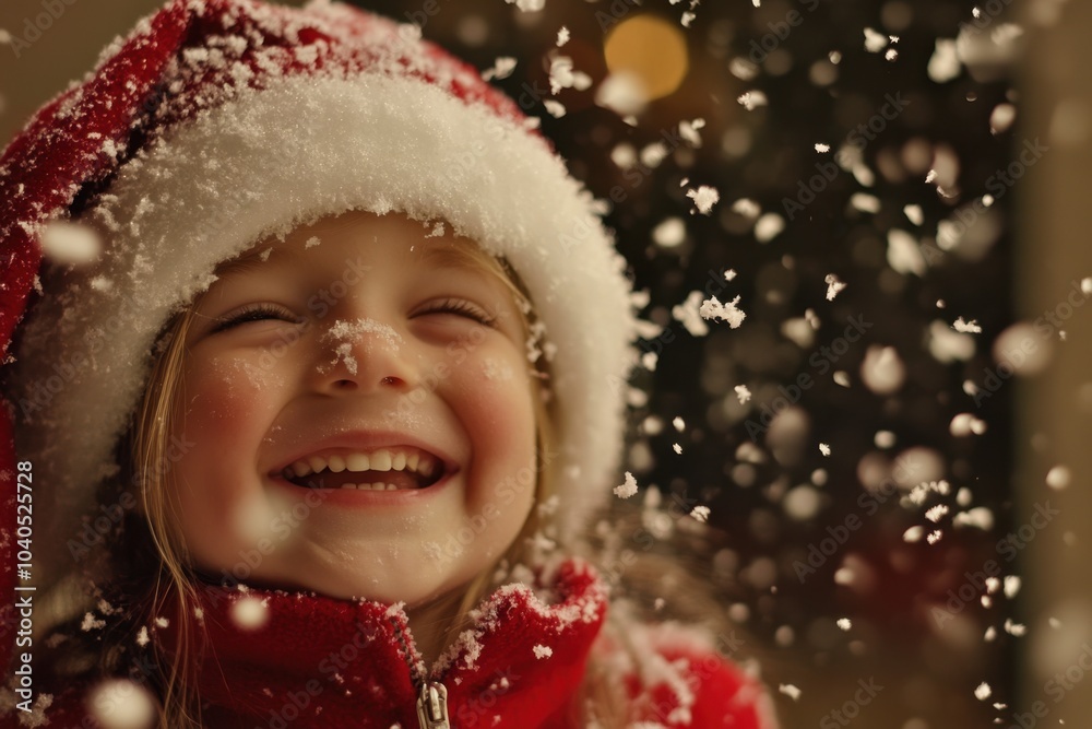 Child joyfully plays in falling snow Child joyfully plays in falling snow