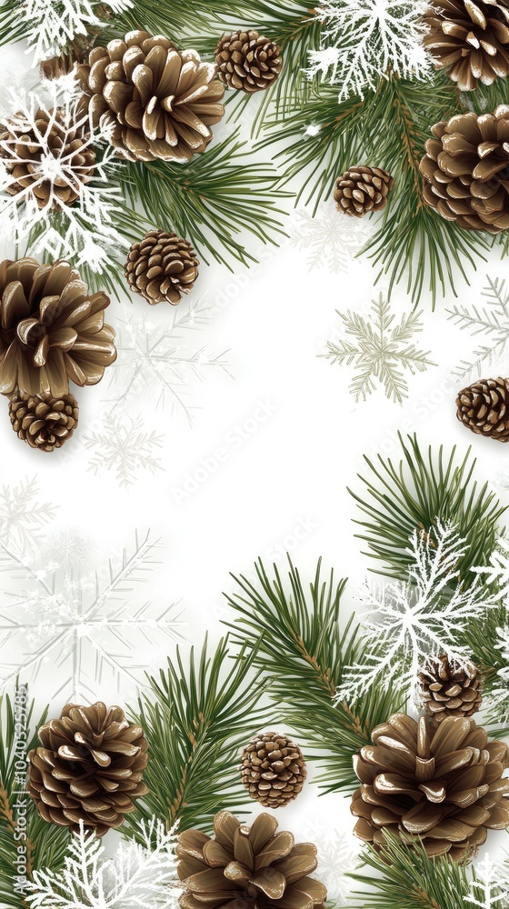 Fototapeta premium A seasonal arrangement featuring pine cones and Christmas decorations on a clean white backdrop, perfect for adding festive text