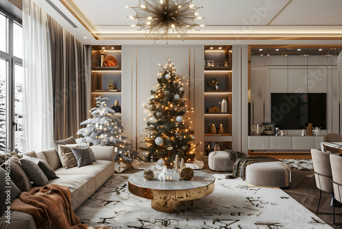 A stylish living room decorated for Christmas, with a tall tree, cozy seating,warm festive ambiance photo