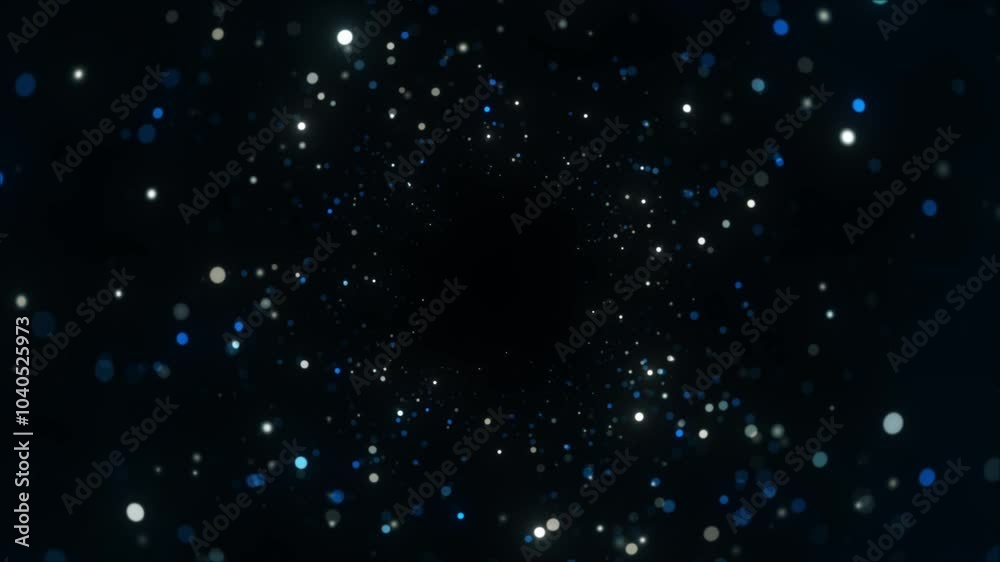 Abstract shimmering particles in deep space, glittering bokeh and blue sparkling lights, seamless loop animation for Christmas and New Year celebrations, dark background, copy space.