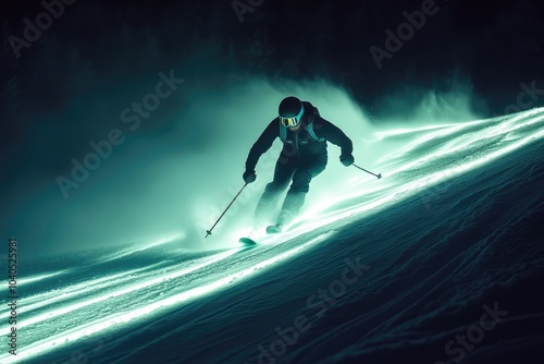 High-Speed Slalom: Skier Carving Through Snow photo