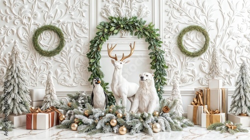 Obraz na płótnie Elegant Christmas decoration with reindeer, penguin, and polar bear surrounded by festive greenery and gifts w salonie