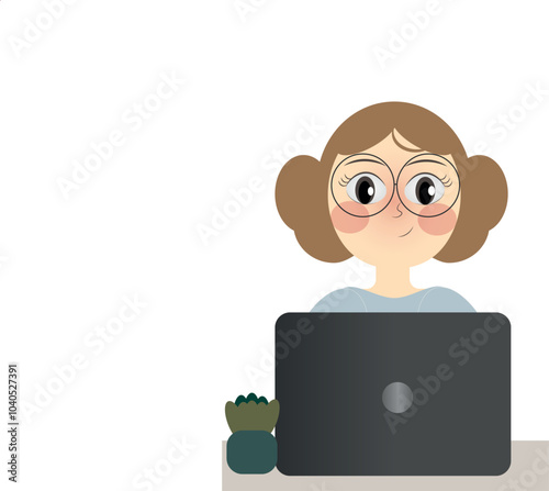 happy girl working with laptop in sunglasses, comfort place for work, working in office, working in home, IT, happy cartoon character, 