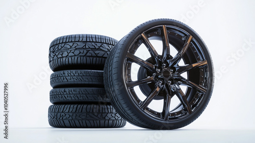 Stack of Black Car Tires with Alloy Wheel on White Background