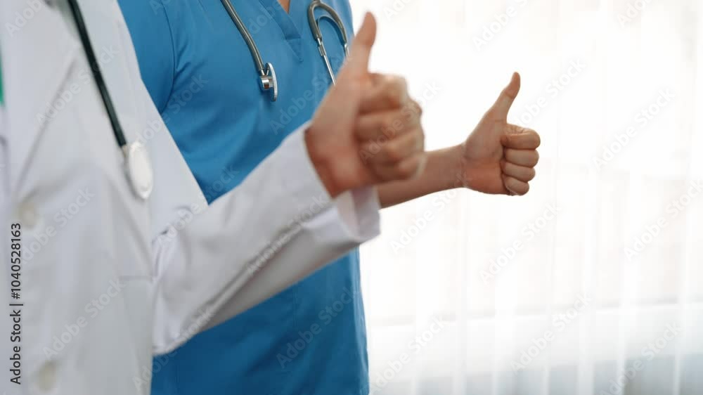 Professional team of medical staff stand in line together and thumbs up as healthcare service and doctor leadership at hospital. Teamwork lead to successful medical treatment. Slow motion. Rigid. Professional team of medical staff stand in line together and thumbs up as healthcare service and doctor leadership at hospital. Teamwork lead to successful medical treatment. Slow motion. Rigid.