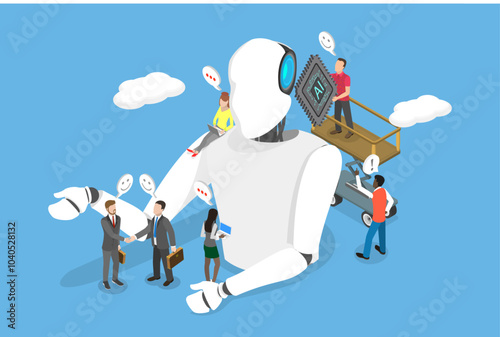 3D Isometric Flat Vector Illustration of Robot Factory, Integrating AI Processing Chip Into Human Brain