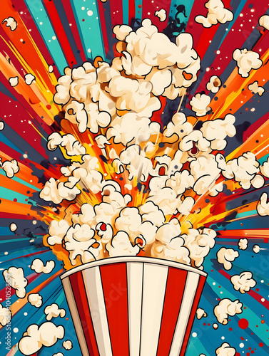 Colorful illustration of exploding popcorn bursting out of a red and white striped bucket with a vibrant comic book-style background featuring dynamic blue, red, and orange rays - Popcorn Day