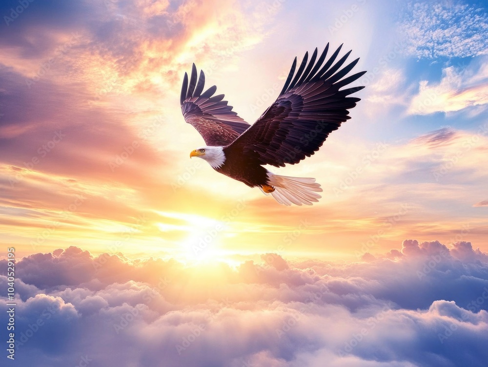 Obraz premium Bald eagle in flight over clouds