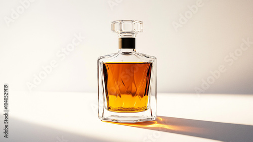 Glass Decanter with Amber Liquid on White Background