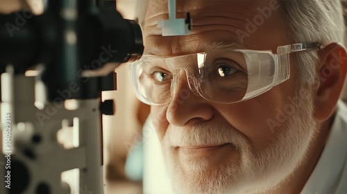 Senior Citizen Smiling During Vision Testing Session photo