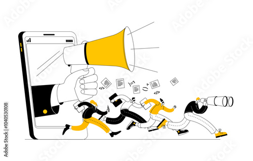 Hand with megaphone from phone shouting. Workers running. Vector illustration on the theme of remote management of work groups.