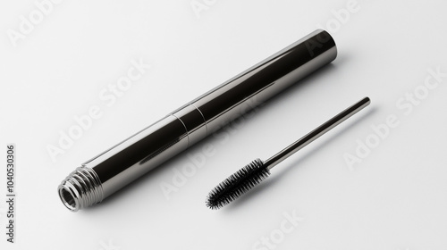 Black Mascara Tube and Applicator on White Background