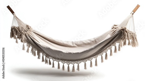 Beige Cotton Hammock with Fringe and Wooden Spreader Bars photo