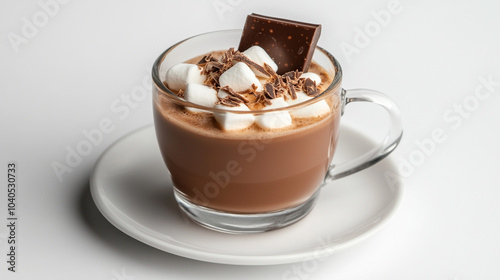 Hot Chocolate with Marshmallows and Chocolate Shavings in Glass Mug