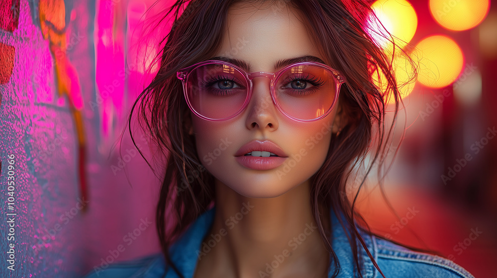 Obraz premium Woman in a denim jacket and pink sunglasses stands against the background of an alley with graffiti. Text space.