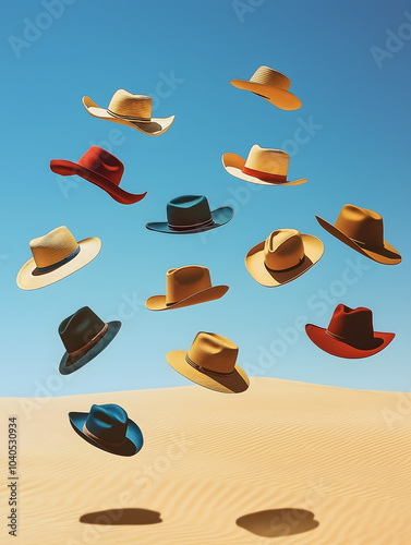 Floating cowboy and sun hats in various colors and styles suspended over golden sand dunes under a clear blue sky - National Hat Day