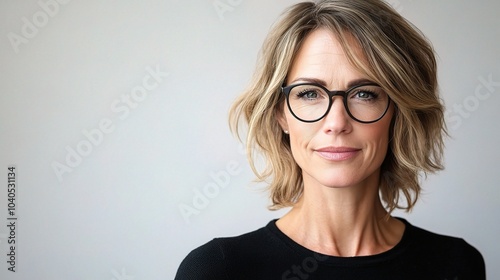 Stylish Middle-Aged Woman in Glasses Posing Confidently