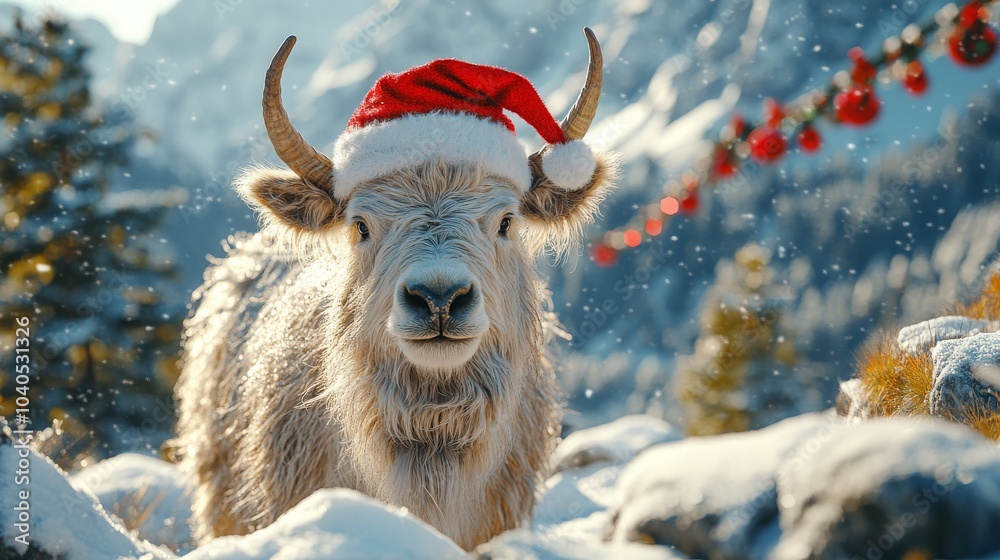 A yak wearing a festive Santa hat stands in the snow amidst a winter wonderland A yak wearing a festive Santa hat stands in the snow amidst a winter wonderland
