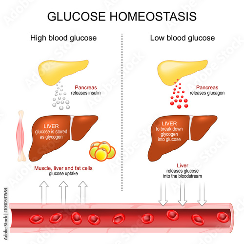 Glucose Homeostasis. Blood glucose regulation. Insulin secretion photo